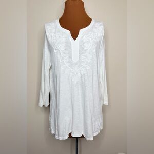 Talbots White Floral Embroidered Deep V Neck Tunic Long Sleeve Size Medium